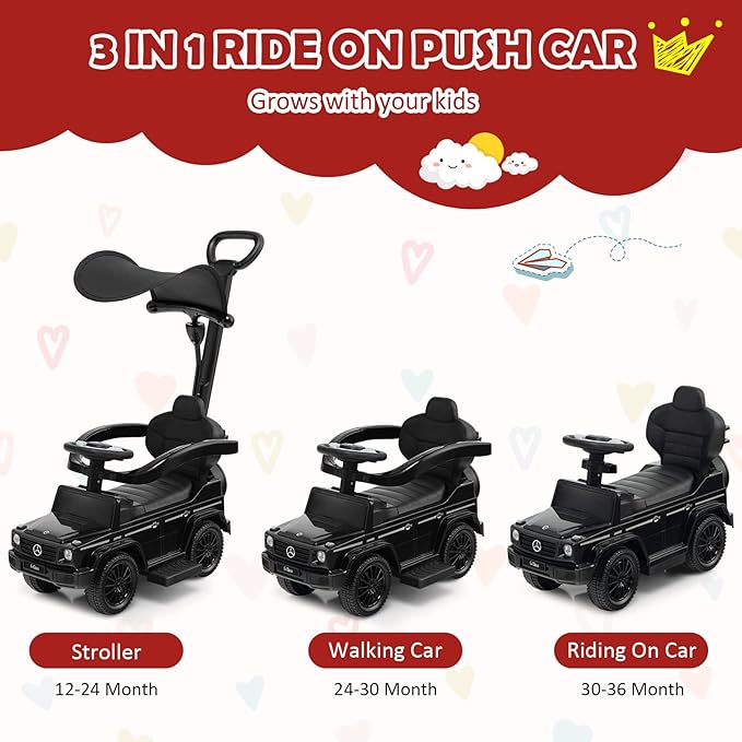 Costzon Push Car for Toddlers, 3 in 1 Mercedes Benz Stroller Sliding Walking Car w/Canopy, Handle, Armrest Guardrail, Underneath Storage, Horn Sound, Foot-to-Floor Ride On Toy for Boys Girls (Black)