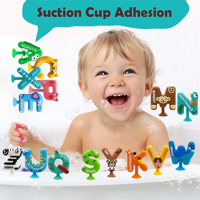 26PCS Suction Bath Toys Mold-Free | Bathtub Letters & Animal Sensory Toys with Shark Storage Organizer for Toddlers | Education Games | No Hole Silicone ABC Alphabet Learning Toys for Kids Ages 3-5