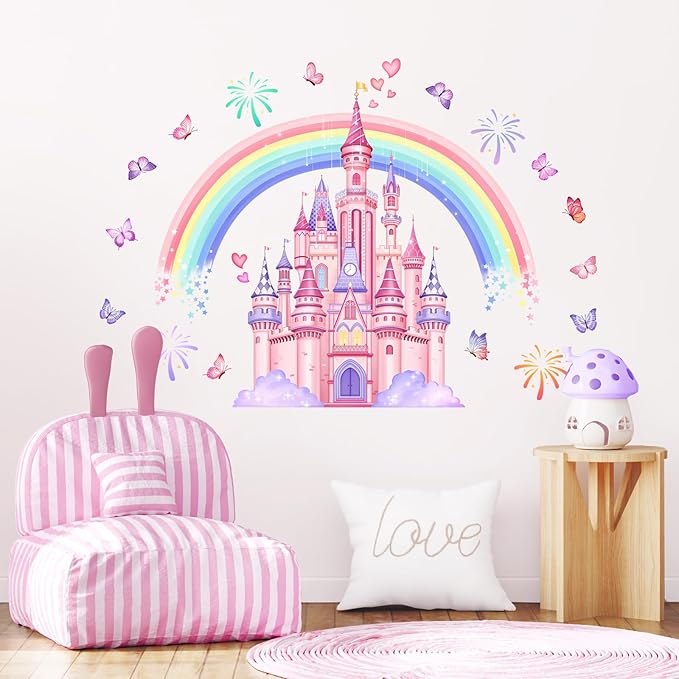 Rainbow Castle Wall Stickers, Watercolor Fireworks Butterflies Wall Decals Peel and Stick Wall Decal Self Adhesive Home Decor for Girls Nursery Kids Room