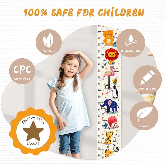 Woodemon Personalized Name Kids Growth Chart, Watercolor Animal Canvas Height Measurement Ruler for Baby, Kids Height Wall Chart for Child's Room Decoration, Waterproof Measuring Wall Ruler