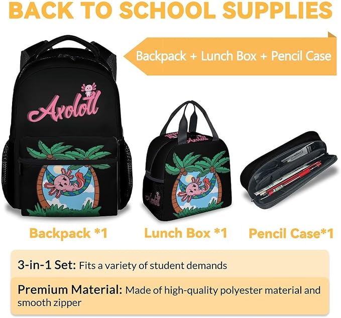 Mercuryelf Axolotl Boys Girls Backpack with Lunch Box Set, 3 in 1 School Travel Backpacks Matching Combo, Black Cute Bookbag and Pencil Case Bundle