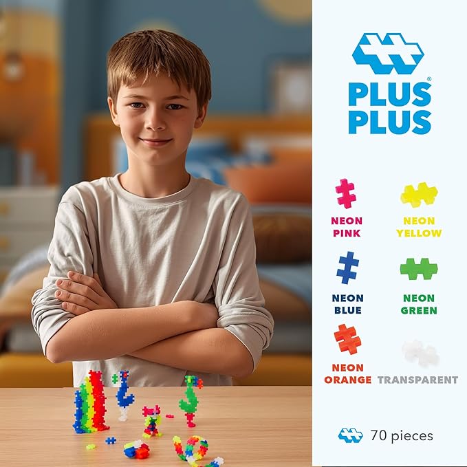 Plus Plus 70 Piece Interlocking Building Blocks for Kids, Open Ended Connecting Toys, Stem Bin Classroom Mini Manipulatives - Neon Mix Play Tube