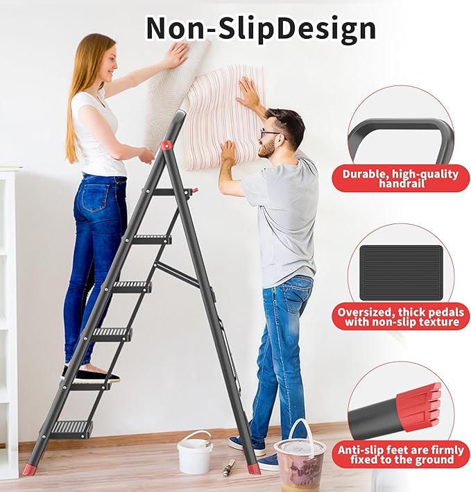 DIAMONDFORGE 6-Step Foldable Step Ladder Stool with Handle, Anti-Slip Wide Pedals & Feet, 800lbs Capacity, Sturdy Stepstool Folding for Adults in Home & Kitchen Use - Black Red