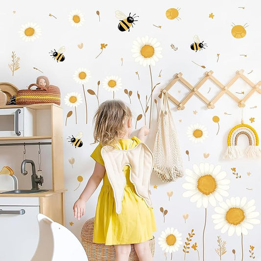 Daisy Floral Wall Stickers Baby Bedroom Walls Art Murals Boho Daisy Decals for Kids Room Peel and Stick Flower Bee Vinyl Wall Decals for Nursery Home Living Room Summer Flowers Party Theme Supplies