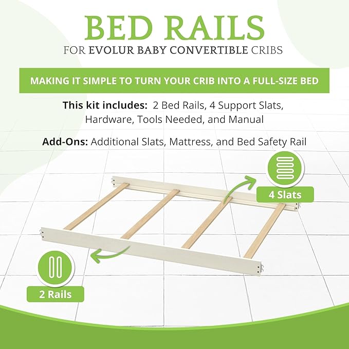 Full-Size Conversion Kit Bed Rails for Evolur Cribs - Solid Wood Crib Convertible Kit to Kids Bed - Transitional Style Rails & Easy-to-Install Child Essentials for Safety (Crème Brulee)