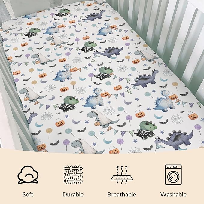 Cute Halloween Dinosaurs Baby Crib Sheets Spooky Dinosaur Pumpkin Bats Fitted Crib Mattress Cover for Standard Crib Toddler Mattress Halloween Night Baby Sheet 28x52in