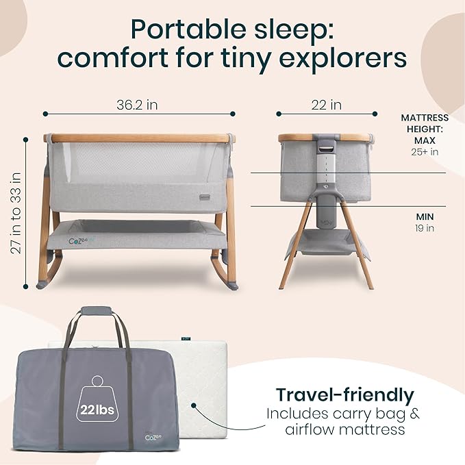 Tutti Bambini CoZee® Air Baby Bassinet & Bedside Sleeper - Rocking Bassinet for Baby, Fast-Folding with Travel Bag, Deluxe Airflow Mattress & 6 Mattress Heights, 0-6 Months (Silver & Oak)