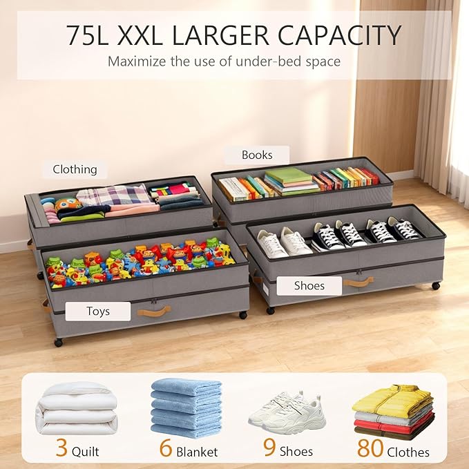 GOVEYONY Under Bed Storage with Wheels 2-Pack, 75L XXL Under the Bed Storage Containers Large, 12" Tall Adjustable Storage for Underbed with Lids, Rolling for Clothes, Shoes, Blankets (Grey)