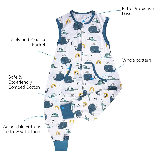 Toddler Sleeping Sack, Toddler Sleep Sack with Feet, Walker Baby Wearable Blanket, Sleeping bag with Legs,0.5Tog（Whale 2T-3T）
