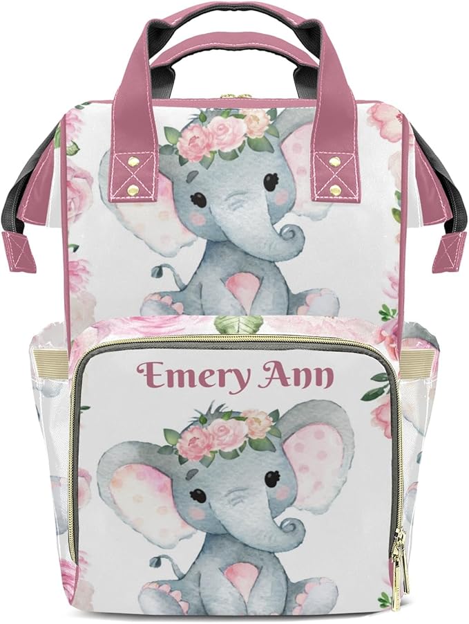 Personalized Elephant Pink Floral Custom with Name Diaper Bag Backpack For Baby Boy Girl Dad Mom Unisex for Adult Daypack Holiday Gift
