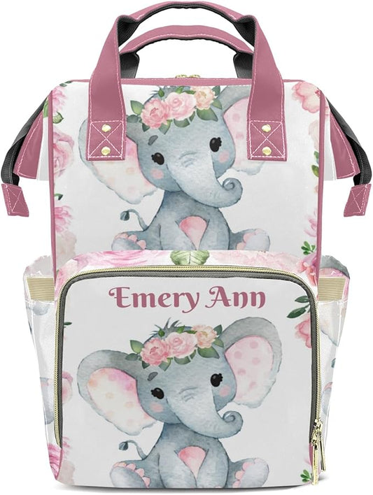 Personalized Elephant Pink Floral Custom with Name Diaper Bag Backpack For Baby Boy Girl Dad Mom Unisex for Adult Daypack Holiday Gift