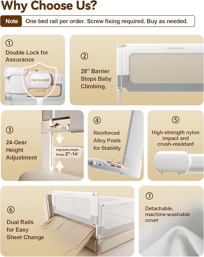 Baby Bed Rail Guard for Toddlers, Reinforced 39in Toddler Bed Rails for Twin Bed with Height Adjustable, Extral Tall Child Safety Side Railing Guards/Bedrail for Kids, White/Grey, 1 Side 39" Lx28 H