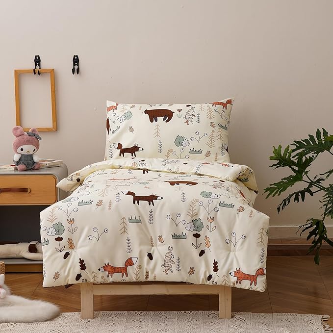 KAREVER Cartoon Toddler Bedding Set Bear Fox 4 Pieces Crib Bed Set Kids Cream Yellow Animal Print Comforter Set