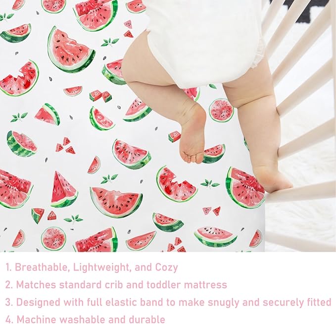 Watercolor Watermelon Baby Crib Sheet 52''x28'' Watermelon Leaves Stretchy Fitted Crib Mattress Cover for Boy Girl Tropical Summer Fruits Soft Nursery Bed Sheet for Standard Crib and Toddler Mattress