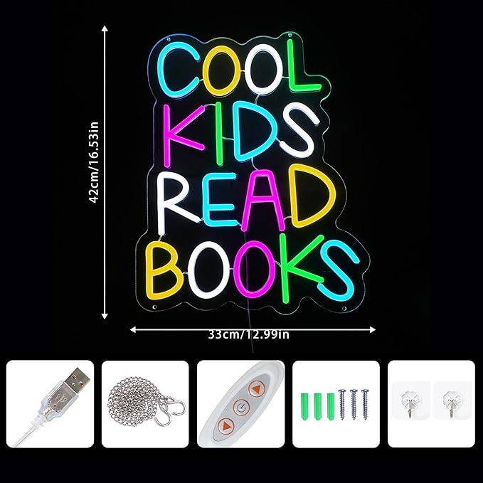 Enuoli Cool Kids Read Books Neon Sign Wall Decor Letter LED Neon Lights Light Up Signs For Kids' Room Dimmable Positive Affirmation LED Neon Light Sign Home Library Wall Art Decor