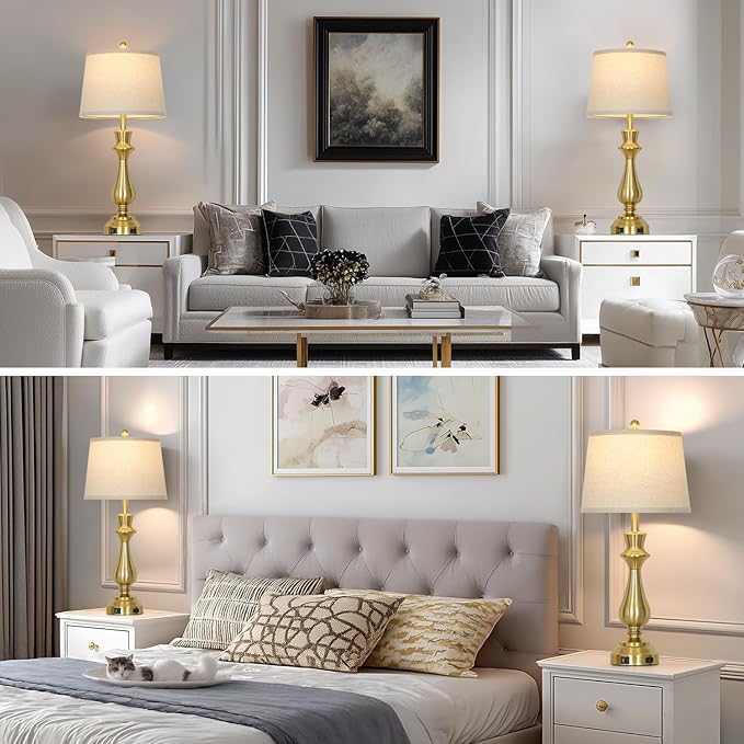 luxeflow Modern Gold Table Lamps Set of 2 for Living Room,30" Tall Bedside Lamp with USB Charging Port,3-Way Dimmable Touch Nightstand Lamp for Bedroom Desk Side Table Office,Gold