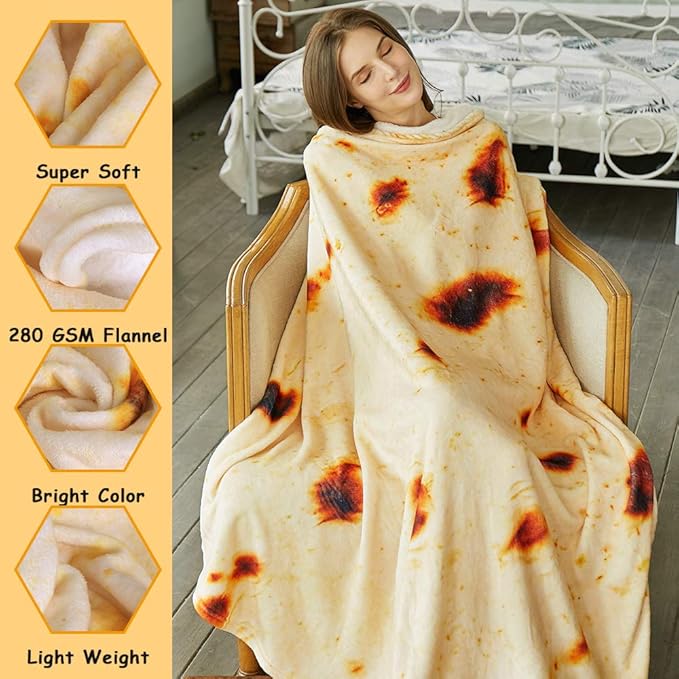 SeaRoomy Burritos Tortilla Throw Blanket, Tortilla Wrap Blanket, Novelty Tortillas Round Giant Round Soft Blankets for Adults and Kids (Yellow, 60 inches)