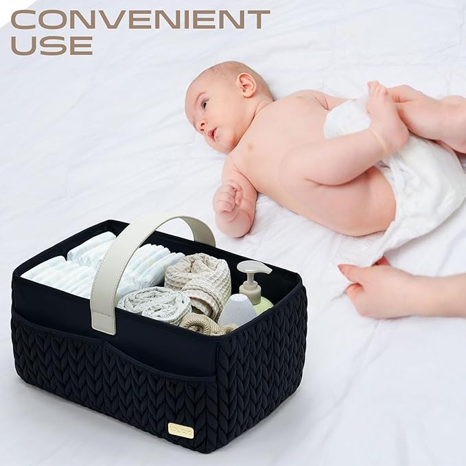 LUKJOJO Luxurious Baby Diaper Caddy, Nursery Storage Basket for Newborn Essentials, Travel Baby Basket for Diapers Baby Wipes, Organizer Tote Bag Storage Bin, Baby Shower Gifts(black)