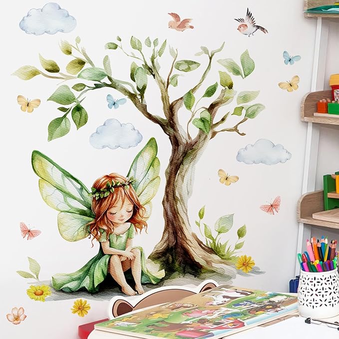 DRWSSR 2Sheets Removable Cartoon Green Butterfly Elf Girl Decals Fairy Wall Decals DIY Tree and Leaves Wall Sticker Peel and Stick Butterfly Bird Art for Girls Room Living Room Bedroom Bathroom Decor