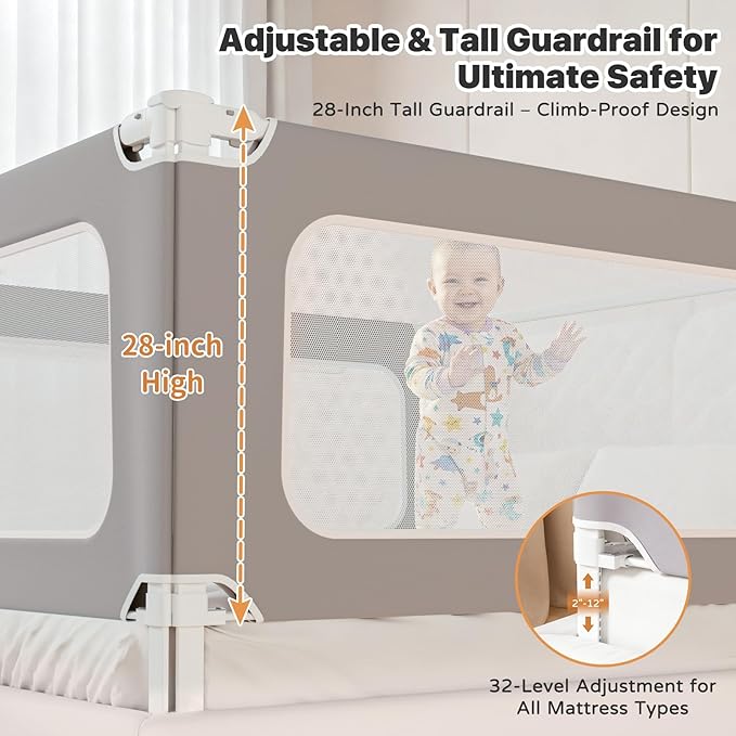 MagicFox 3 Piece King Size Bed Rail for Toddlers, Upgraded Height Adjustable Baby Bed Rail Guard, Thickened Child Safety Bed Rails for King Size Beds (78.7"x78.7"x74.8" Gray)