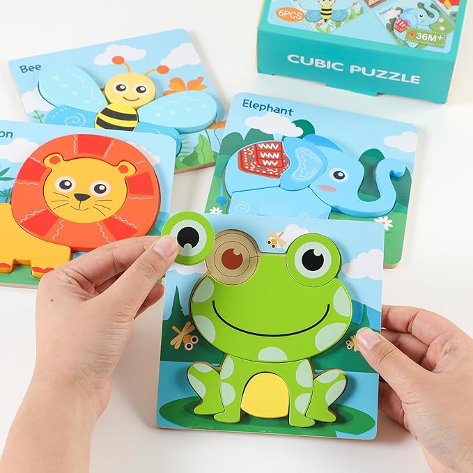 6 Pack Toddler Wooden Jigsaw Animals Cubic Puzzles for Kids Girls Boys Toddlers, Educational Preschool Montessori Toys Birthday Gifts for Colors & Shapes Cognition Skill Learning