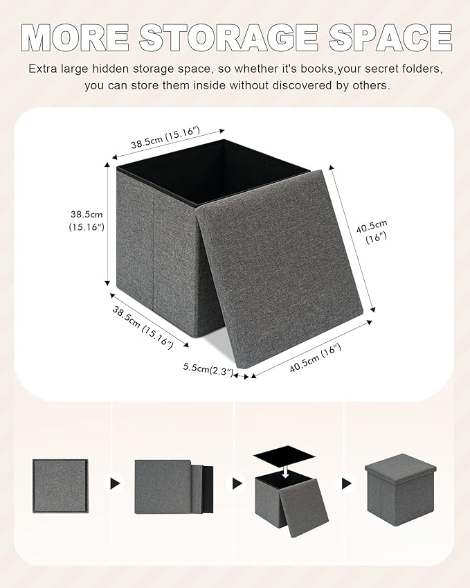 B FSOBEIIALEO Storage Ottoman with Tray, Linen Small Coffee Table Folding Foot Rest Seat Cube, Dark Grey 16"X15.7"x15" Double (2 Pack)