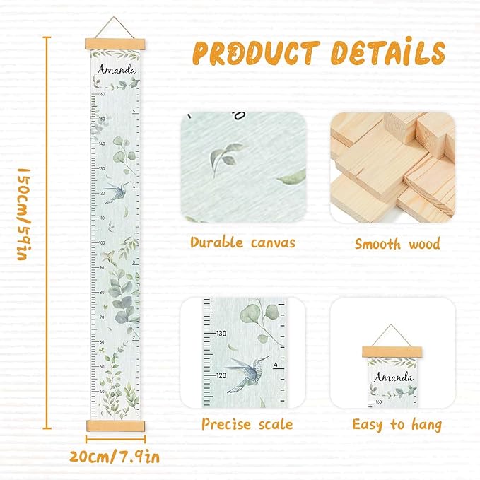 Woodemon Personalized Name Growth Chart for Wall, Eucalyptus Leaves Canvas Height Chart for Kids Baby Child Toddler Boys Girls, Canvas&Wood Growth Chart for Wall Room Nursery Decor,Easy Care