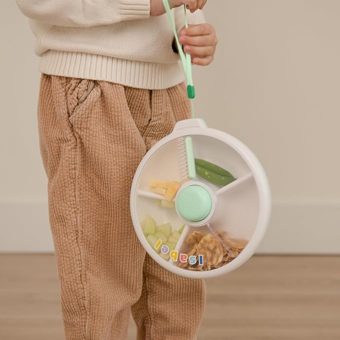 GoBe Kids Large Snack Spinner Slide Bundle with Hand Strap and Sticker Sheet - Reusable Snack Container with 4 Compartment Dispenser and Lid | BPA/PVC Free | Dishwasher Safe | No Spill - Mint Green