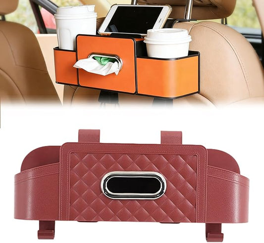 Car Organizer With Tissue Holder, Car Organizer & Storage Box, 5-in-1 Car Organizer Back of Seat, 2 Deep Cup Holders, Tissue Box Holder, Phone & Bag Hooks Zoning Storage (Wine-B)