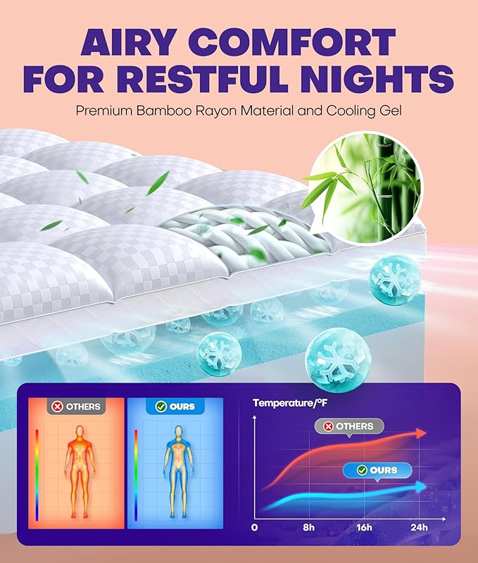 Dual Layer 4 Inch Memory Foam Mattress Topper for Pressure Relief with 4X Support, 2" Fluffy Pillow Top California King Mattress Topper 50% Viscose Made from Bamboo Plus 2" Cooling Gel Memory Foam