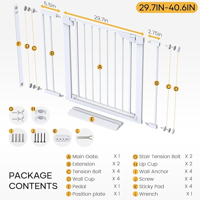 Cumbor 2 Pack 29.7-40.6"(Extensions Included) Baby Gate for Stairs, Mom's Choice Awards Winner-Auto Close Dog Gate for doorways, Pressure Mounted Pet Gate Indoor, Wide Safety Child Gate for Dog,White