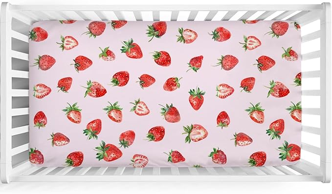 Watercolor Strawberries Baby Crib Sheet 52''x28'' Cute Strawberry Pink Stretchy Fitted Crib Mattress Covers for Boy Girl Boho Summer Fruits Soft Baby Sheets for Standard Crib and Toddler Mattress