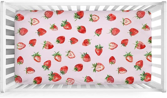 Watercolor Strawberries Baby Crib Sheet 52''x28'' Cute Strawberry Pink Stretchy Fitted Crib Mattress Covers for Boy Girl Boho Summer Fruits Soft Baby Sheets for Standard Crib and Toddler Mattress