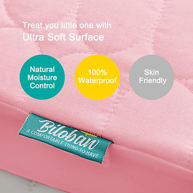 Biloban Crib Mattress Protector 2 Pack, Waterproof, Quilted, Absorbent, Noiseless, 52" x 28" Pink