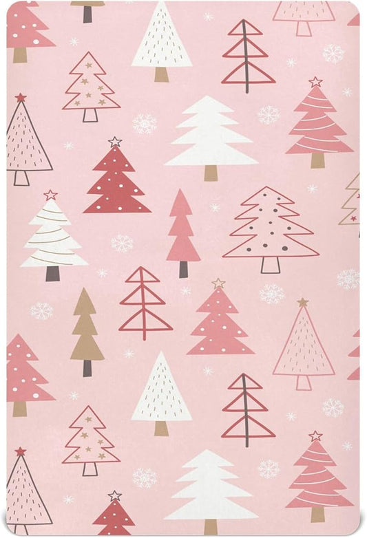 Christmas Trees Pink Crib Sheets Soft Breathable Fitted Baby Crib Sheets Mattress Cover for Girl Boys, 52" x 28" x 9"
