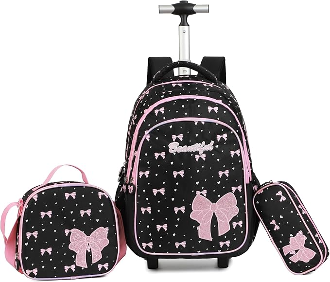 kingdisen Women Large Rolling travel Backpack for kids, Wheeled Backpack with Adjustable Shoulder Straps, Nylon Book Bag 3pc Set (BOWKNOT BLACK)