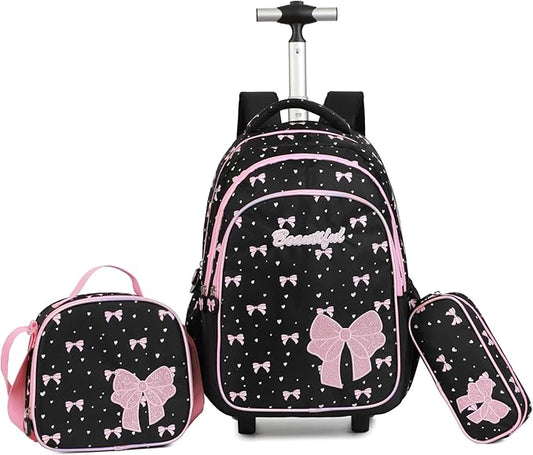 kingdisen Women Large Rolling travel Backpack for kids, Wheeled Backpack with Adjustable Shoulder Straps, Nylon Book Bag 3pc Set (BOWKNOT BLACK)