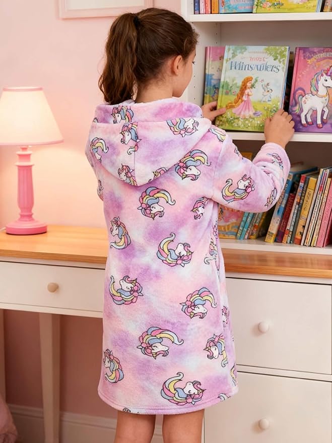 SANGTREE Boys Girls Robe Fleece Hooded Soft Toddler Bathrobe Cute Boys Bathrobe Fuzzy Plush Robes for Kids, 2-12 Years