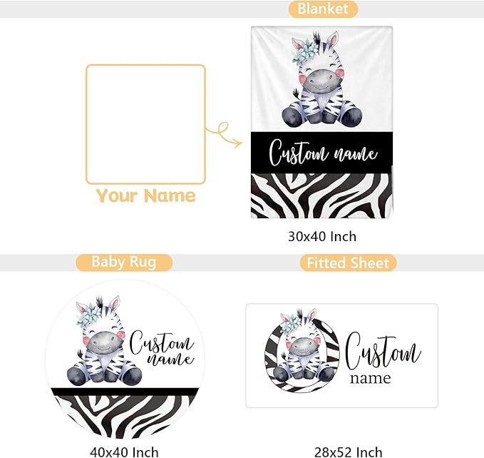 Custom Crib Bedding Set - 3 Pcs Personalized Name Baby Bedding Set for Nursery, Cool Double Layer Baby Crib Set for Boys Girls, Customized Gifts for Infant Toddler New Parents, Striped Zebra