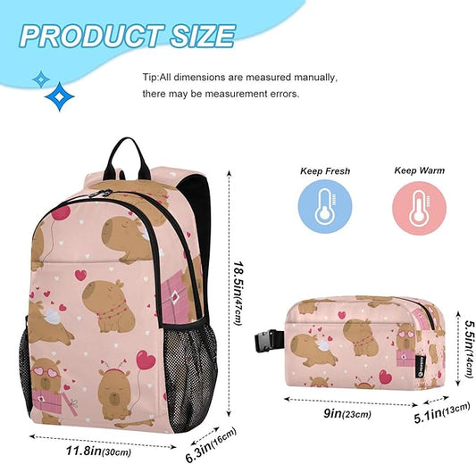 Jucciaco Lovely Capybara Backpack with Lunch Bag, School Backpack for Teens Boys Girls Kids Travel Backpacks Set