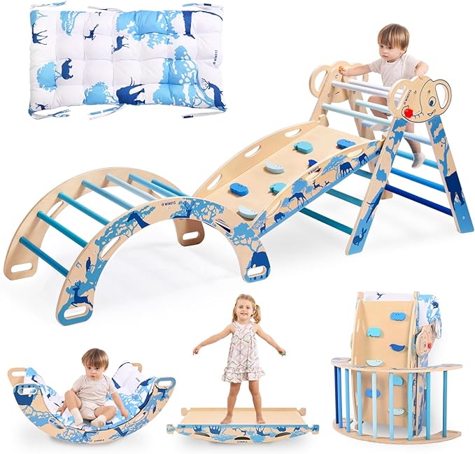 wingyz 8-in-1 Pikler Triangle Set-Foldable Baby Climbing Toys with Cushion,Arch, Ramp & Ladder | Montessori Toddler Climber Indoor Jungle Gym for Kids (Blue)