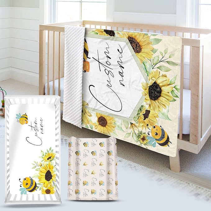 Custom Name Crib Bedding Set 3-Piece – Yellow Bee Design Baby Bedding Set with Personalized Soft Blanket, Fitted Sheet, Changing Pad Cover – Ideal Newborn Gift for Boys and Girls