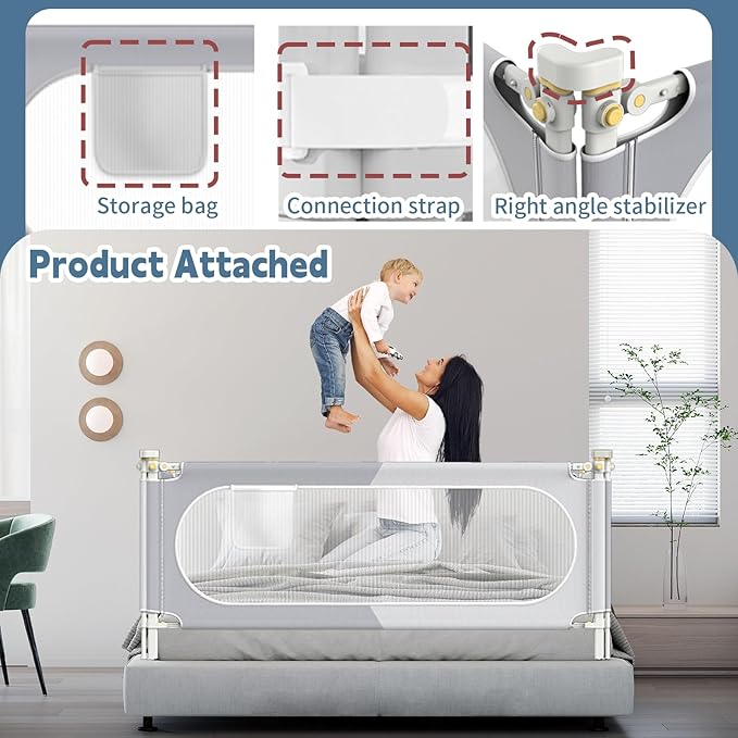 Bed Rail for Toddlers, Baby Bed Rail Guard with Double Child Safety Lock, 30 Speed Height Adjustable, Safety Toddler Bedrail for King & Queen Size Bed