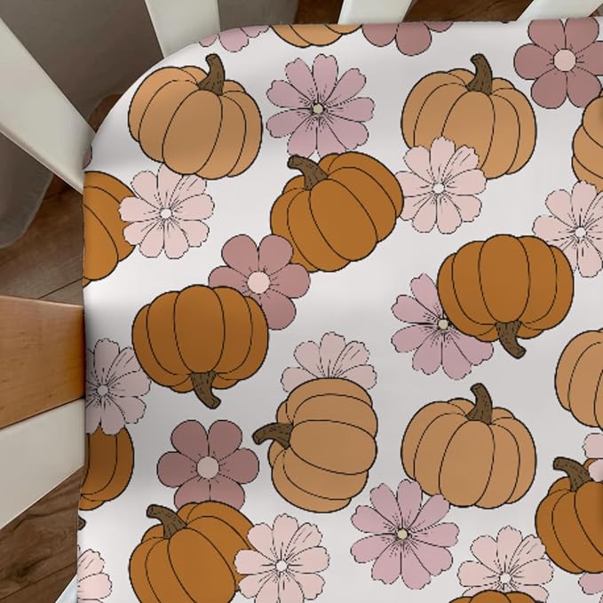 Vintage Pumpkin Boho Floral Baby Crib Sheets Fall Pumpkin Autumn Floral Soft Breathable Baby Sheets Autumn Thanksgiving Harvest Fitted Crib Mattress Cover for Standard Mattress 28x52in