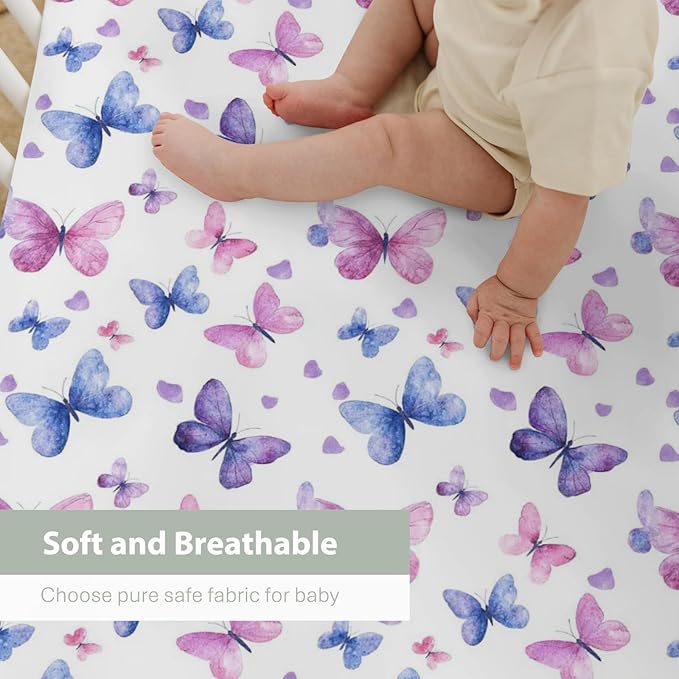 Purple and Pink Butterflies Baby Crib Sheets for Boy Girl 52x28 Watercolor Butterflies Soft Stretchy Fitted Crib Mattress Cover Colorful Butterflies Baby Sheet for Standard Crib and Toddler Mattress
