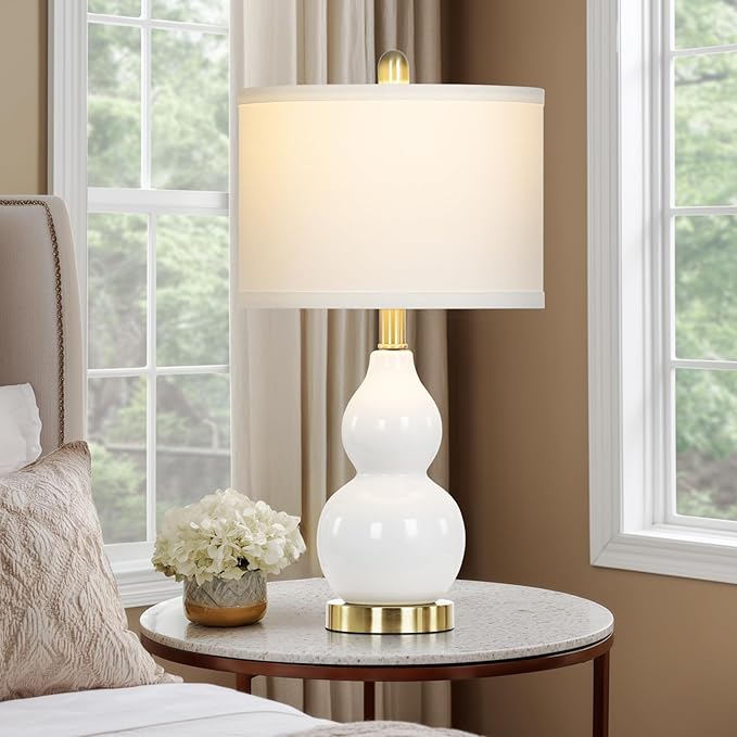 luxeflow 22" Modern Double Gourd Ceramic Table Lamps Set of 2, White Bedside Lamps for Living Room, Contemporary Nightstand Desk Lamps for Bedroom End Table Home Office Decor(2 LED Bulbs Included)