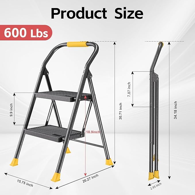 Foldable Step Ladder Folding Stool - 2 Stepping Extension Tall Heavy Duty with Handrails for Home Adults Kitchen - Extendable Stepladder Closet Stepstool Stair Ladders for Indoor House 600Lbs