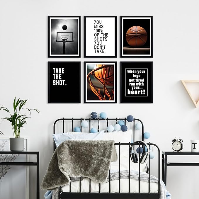 Basketball Wall Art Sports Canvas Poster Boys Room Wall Decor Inspirational Basketball Prints Motivational Quote Pictures Teen Sports Painting Black White Artwork for Kids Bedroom 12x16 Inch Unframed