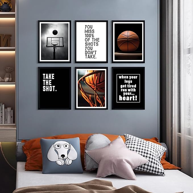 Basketball Wall Art Sports Canvas Poster Boys Room Wall Decor Inspirational Basketball Prints Motivational Quote Pictures Teen Sports Painting Black White Artwork for Kids Bedroom 12x16 Inch Unframed