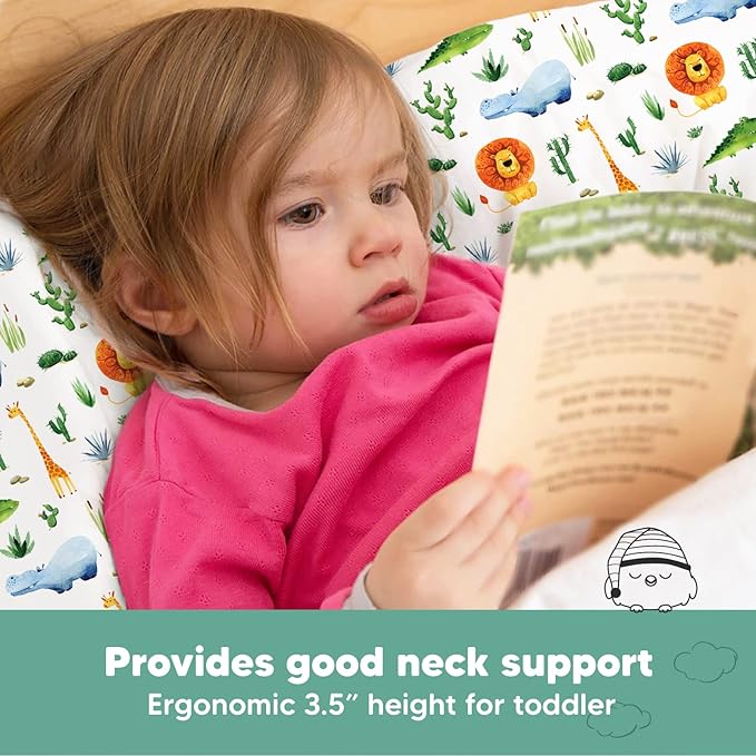 Toddler Pillow with Pillowcase - 13x18 My Little Dreamy Kids Travel Bed Pillows for Sleeping, Organic Cotton Small Pillowcase, Soft & Breathable, Machine Washable, Toddlers 2-5 years old (Zoo)